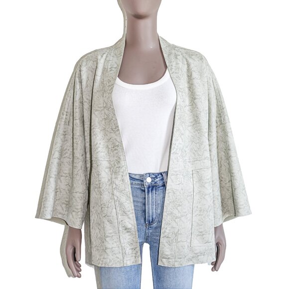 Solitaire Gray Green Abstract Print Kimono Spring Casual Coastal Boho Cardigan - Picture 1 of 4